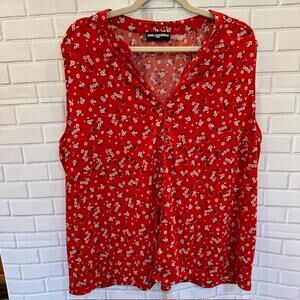 Women's Size Large Karl Lagerfeld Button Down Short Sleeve Red Floral Blouse